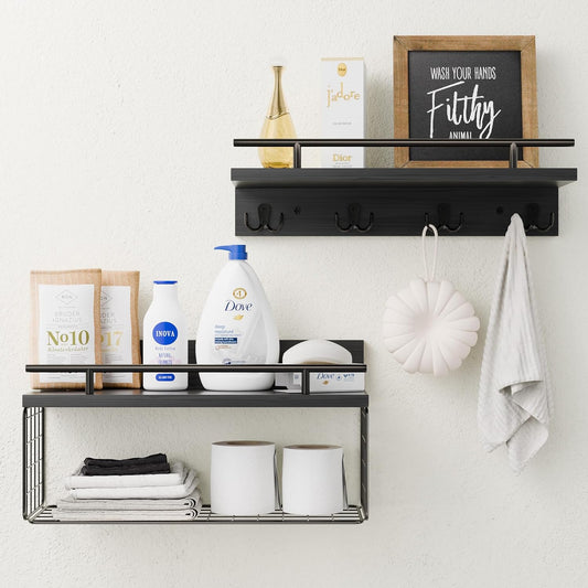 Regine Switzerland Floating Shelves - Black Bathroom Wall Shelves Over Toilet | Set of 2 with Basket & Hooks