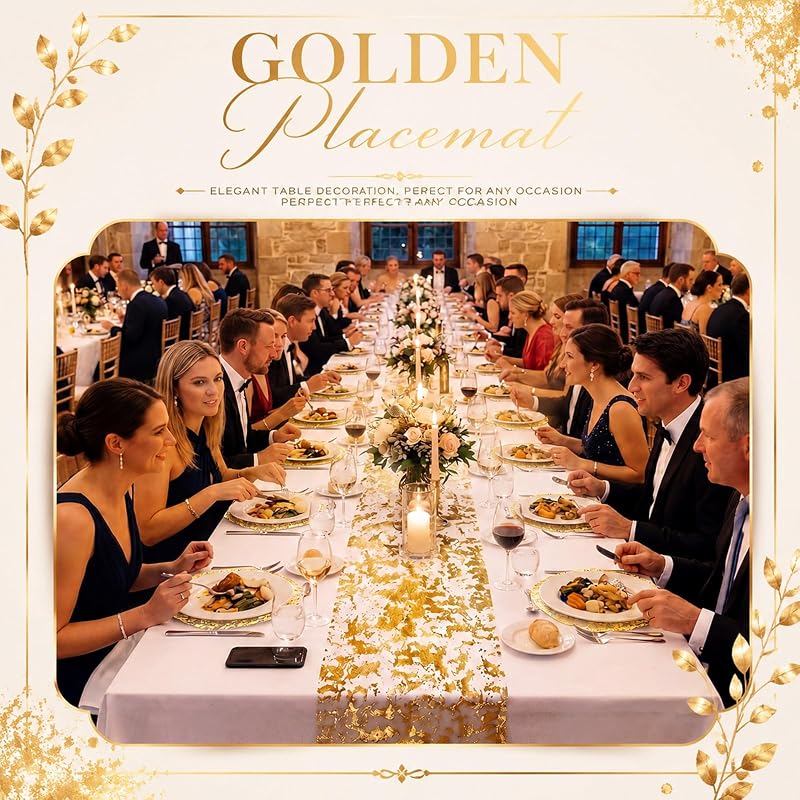 Gold 112-Piece Table Runner Set with Placemats for Wedding Reception
