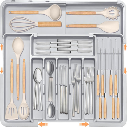 Silverware Drawer Organizer - Adjustable Utensil Holder with Knife Block | BPA-Free Expandable Storage (Grey)