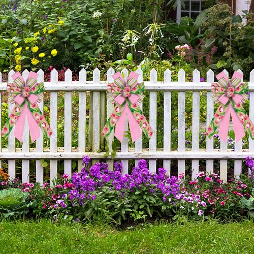 Hying Large Flower Bow - Pink Striped Burlap Craft Bow for Spring Wreaths & Easter Decor