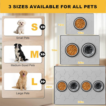Pieviev Dog & Cat Food Bowl Mat - Silicone Waterproof, Non-Slip Design, 16''x12'', Light Gray