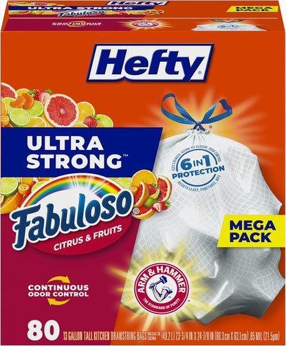 Hefty Ultra Strong 13 Gallon Trash Bags - Tall Kitchen Bags with Fabuloso Citrus Scent | 80 Count