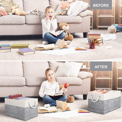 Fab Totes Storage Bins - 3-Pack Foldable Organizing Baskets for Toys & Books | Large White & Grey