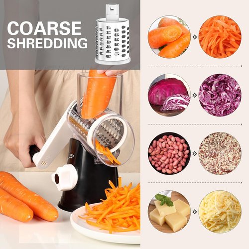 Cambom Rotary Cheese Grater - Hand Crank Shredder for Fresh Cheese & Vegetables | Non-Slip Base, Black