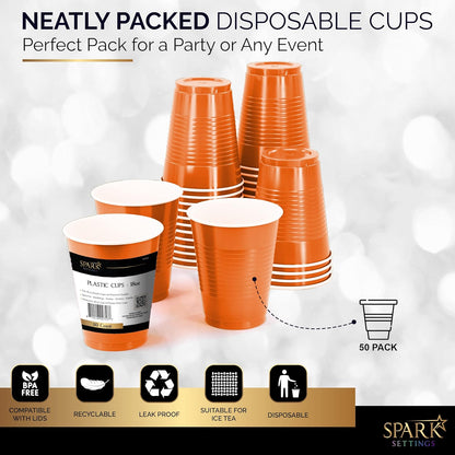 Orange 18-Ounce Disposable Cups by [Brand Name] - Strong & Sturdy Plastic Party Cups | 50 Pack for Weddings & Events