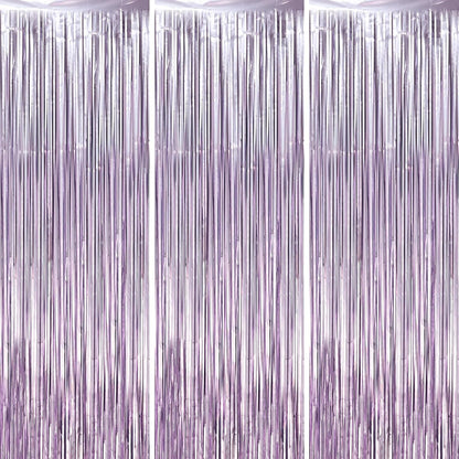 Voircoloria Light Purple Foil Fringe Backdrop Curtains - 3 Pack Tinsel Streamers for Baby Showers & Birthdays