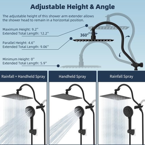 Hibbent All Metal High Pressure Rainfall 10'' Shower Head, CUPC Certified Handheld Showerhead Combo, 12'' Adjustable Shower Extension Arm, 10-Spray, 71'' Hose, Adhesive Showerhead Holder, Matte Black