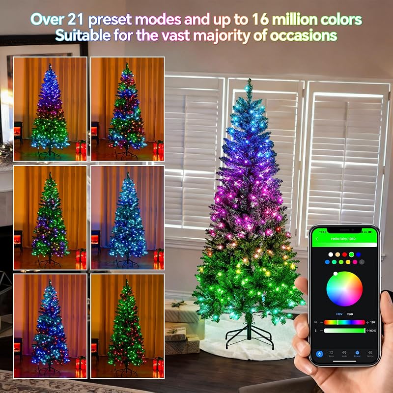FANCILLUMA 6 ft Prelit Christmas Tree with 250 LED RGB Lights, App Remote Control, Green PVC Branches