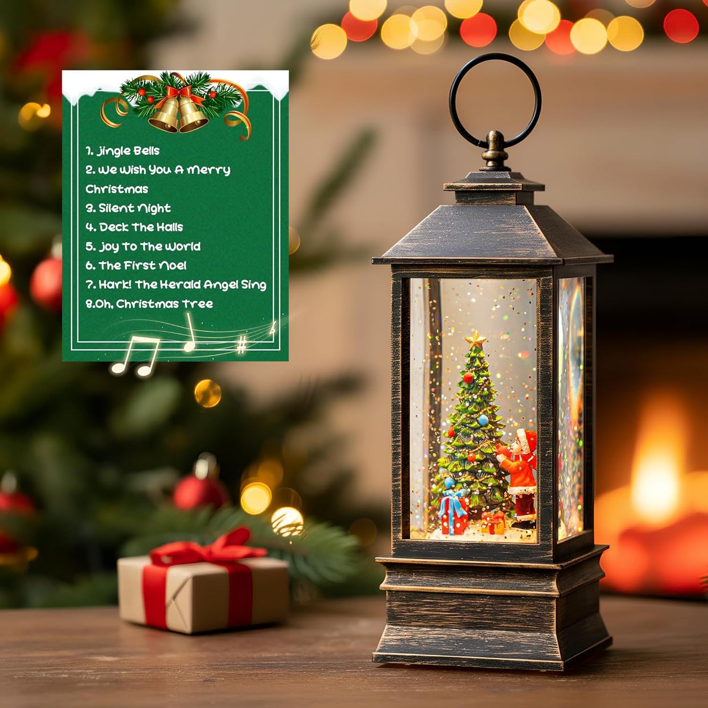 Skiennix 10'' Musical Snow Globe Lantern - Lighted Water Decoration with Swirling Glitter | Battery or USB Powered for Christmas Home Decor