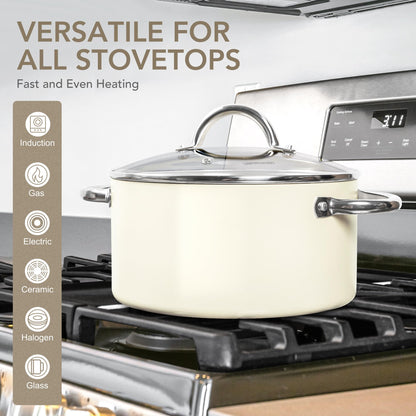 MICHELANGELO Stock Pot with Lid, 6 Quart Soup Pot with Lid for Cooking, Non Stick Ceramic Coating, Stainless Steel Handle, Induction Compatible, Cream