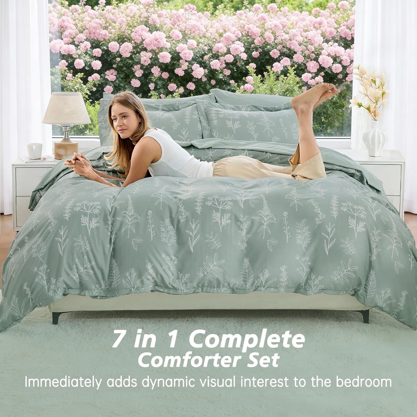 MUXHOMO Queen Comforter Set - 7-Piece Sage Green Bedding with Reversible Botanical Design & Ultra Soft Fabric