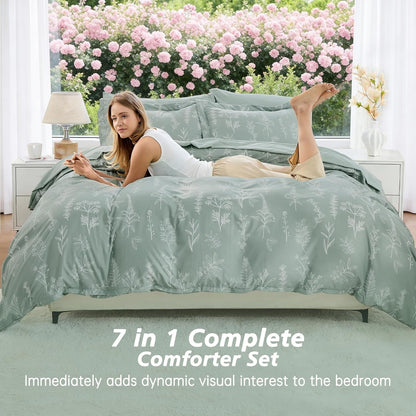 MUXHOMO Queen Comforter Set - 7-Piece Sage Green Bedding with Reversible Botanical Design & Ultra Soft Fabric
