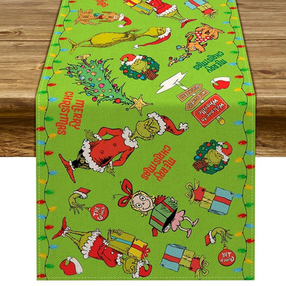 Merry Christmas Table Runner 13 x 72in Green Linen Rustic Decor