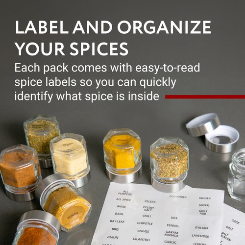 Impresa 15 Pack Hexagonal Magnetic Spice Jars, Includes 60 Labels, Glass Spice Storage Containers with Stainless Steel Magnet Lids for Fridge and Backsplash Organization, Honeycomb Design