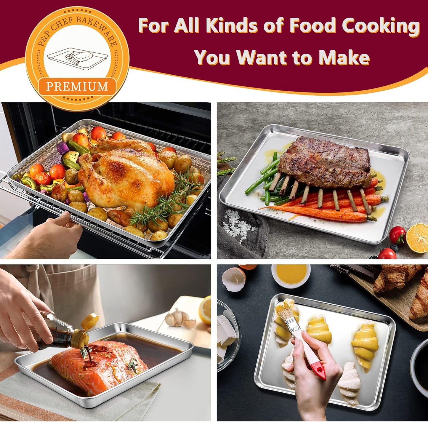 P&P CHEF Baking Sheet Set - Stainless Steel Cookie Sheets with Cooling Racks | 16, 12.5 & 9 Inch, Oven Safe