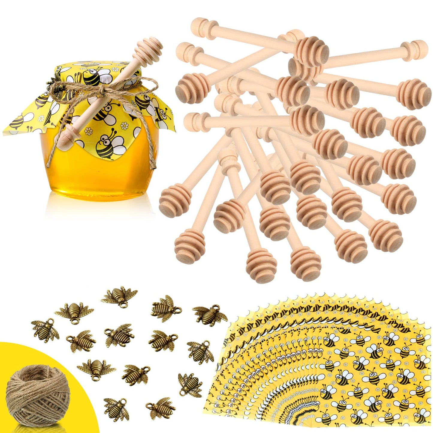 50 Pieces 3 Inch Wooden Honey Dipper Sticks Set Honey Dipper Sticks 50 pieces Honeybee Charm Pendants 50 pieces Decorative Bee Wrapping Paper with 30 Meters Jute Hanging Rope for Honey Jar DIY Crafts