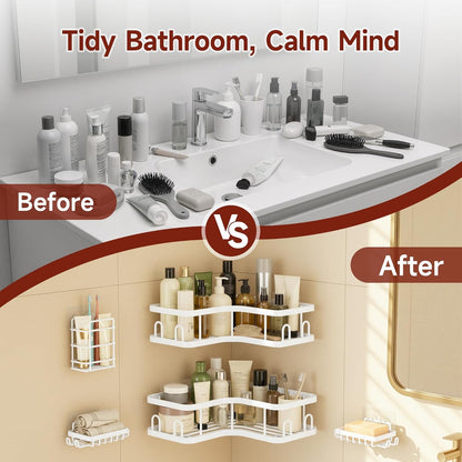 Veken Corner Shower Caddy - Rustproof Adhesive Shelves with Soap Holder | Large Capacity Bathroom Organizer, White