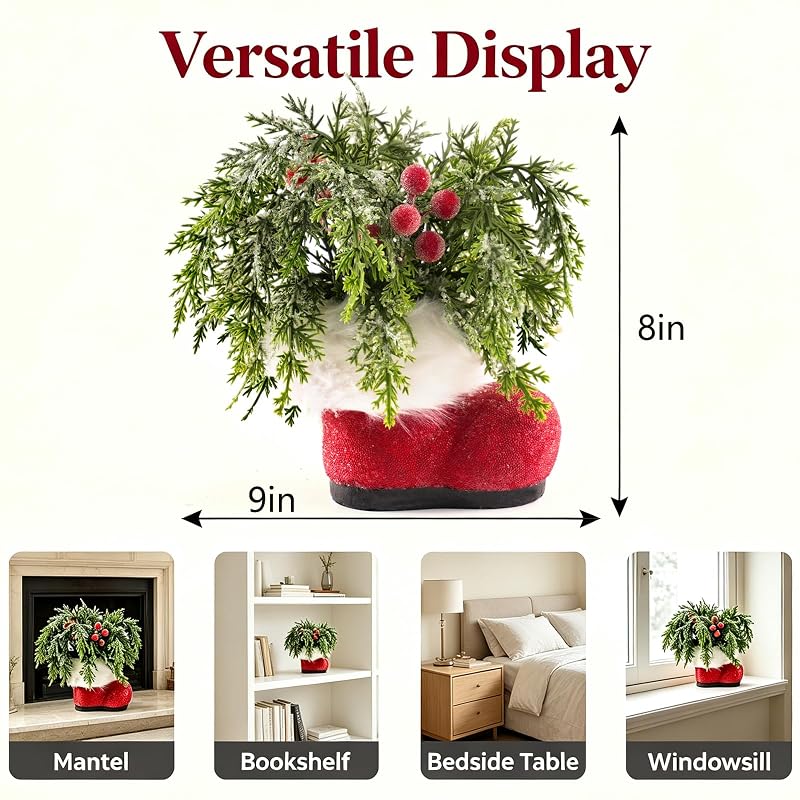 Mini Christmas Santa Boots Planter 8" with Red Berry Cedar