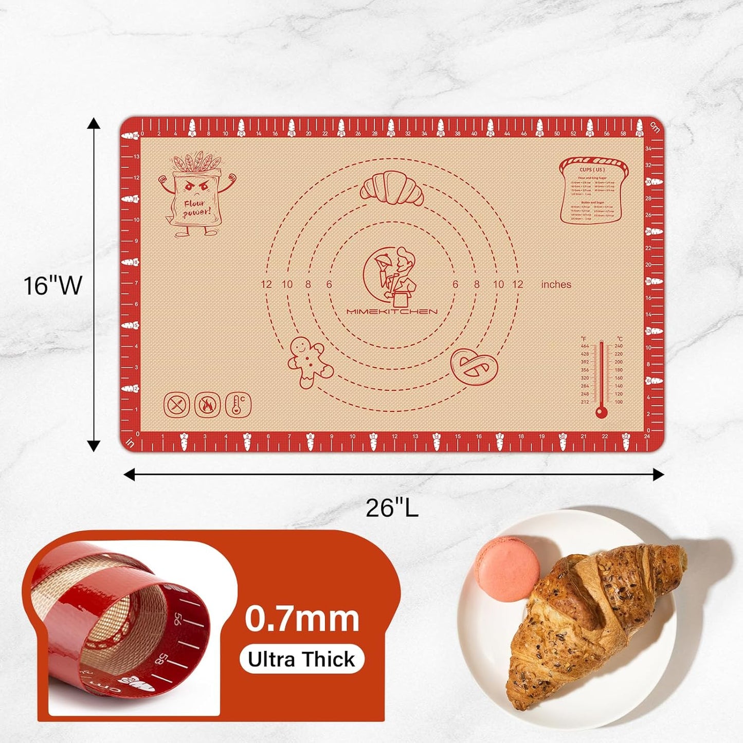 Silicone Baking Mat by Extra Thick | Non-Stick Pastry Mat with Measurements - 26x16 Inch, Heat Resistant to 480°F