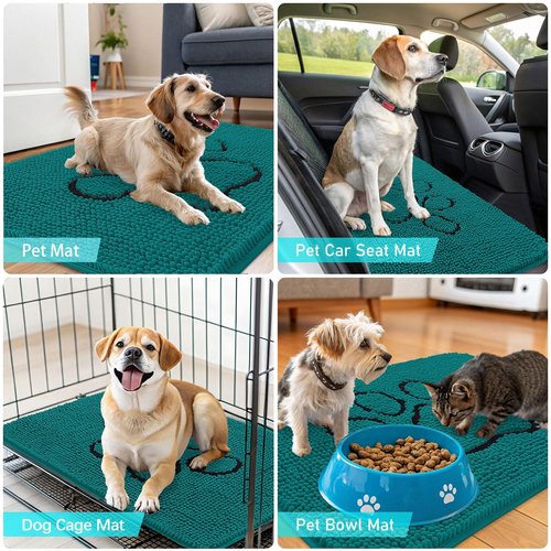 OLANLY Dog Door Mat for Muddy Paws 48x30, Paw Print Design, Absorbs Moisture and Dirt, Absorbent Non-Slip Washable Doormat, Quick Dry Chenille Mud Mat for Dogs, Entry Indoor Entryway Carpet, Lake Blue