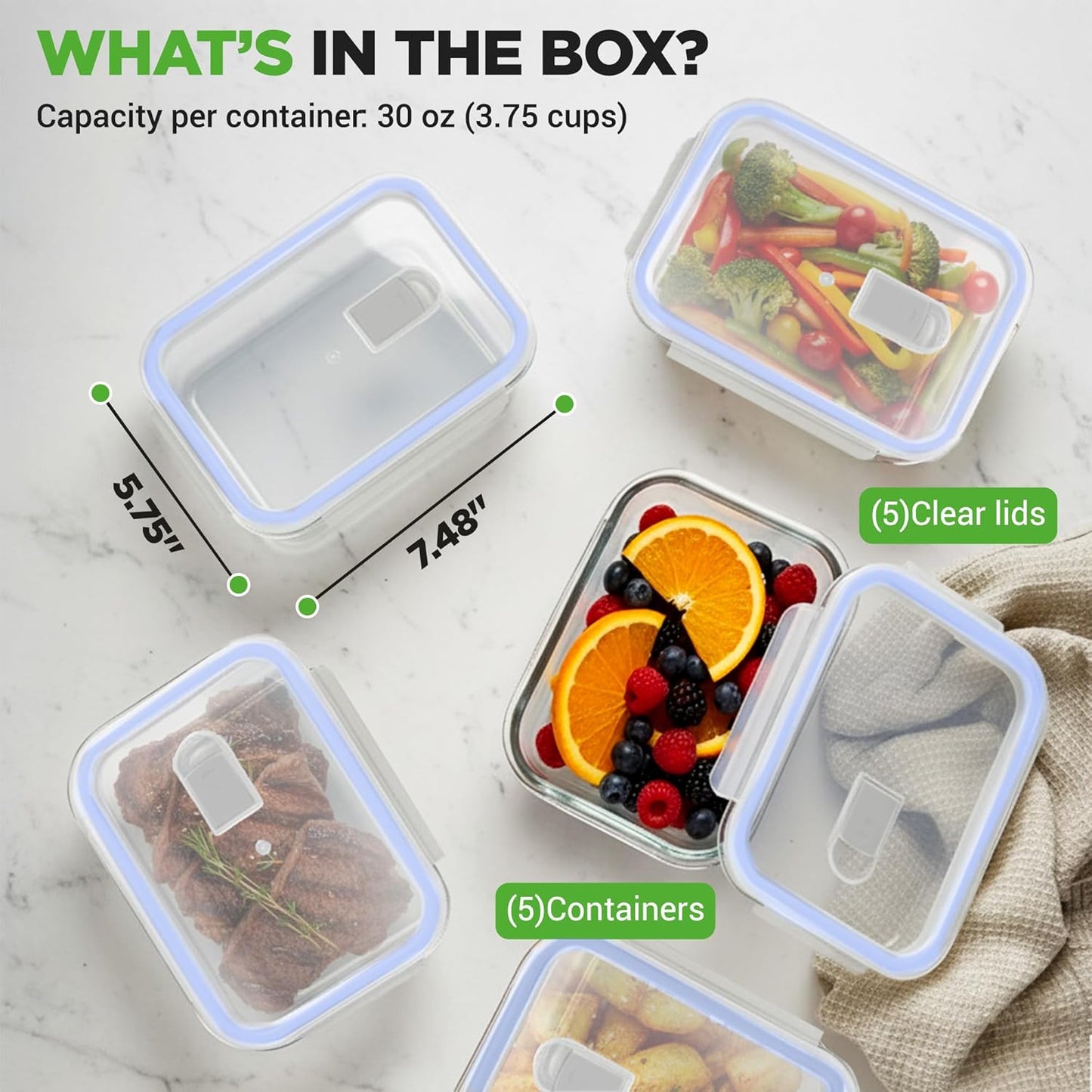 NutriChef 10-Piece Glass Food Storage Containers - Airtight 30 oz Meal Prep Set | Freezer to Oven Safe - Blue