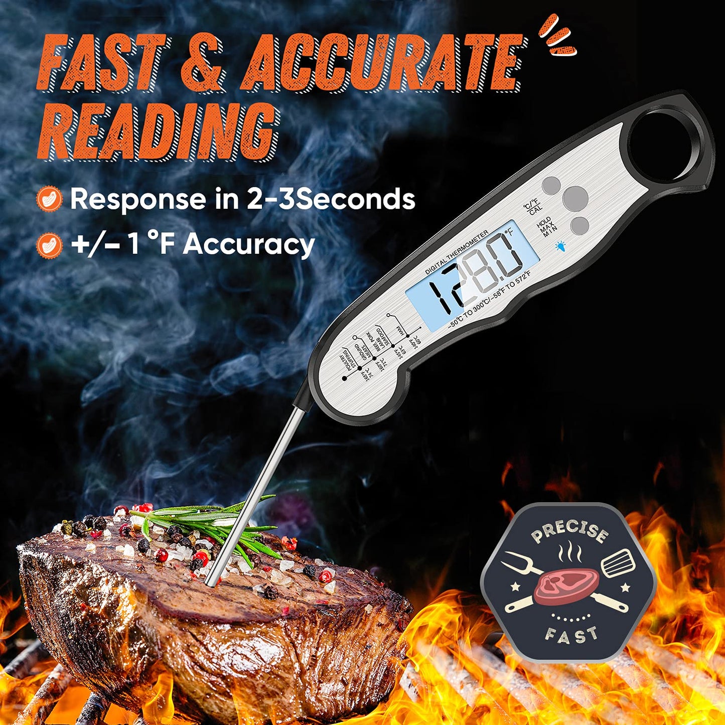 Skiennix Digital Meat Thermometer - Waterproof Instant Read Cooking Tool with Backlight & Calibration for BBQ, Beef, Turkey, Liquids