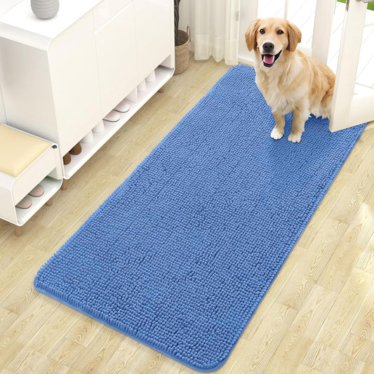 OLANLY Dog Door Mat - Absorbent Non-Slip Washable Doormat for Muddy Paws | 47x24, Quick Dry Chenille in Cornflower Blue