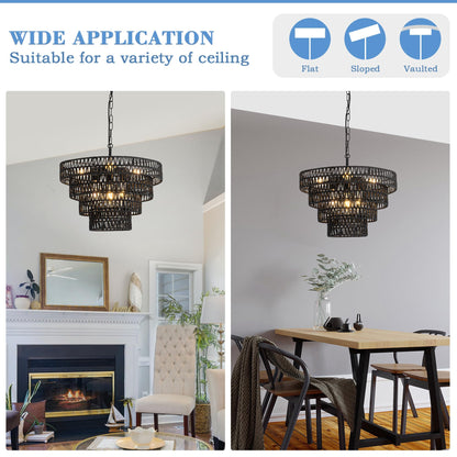 20 inch Pendant Lights Kitchen Island, 6 Lights Large Boho Chandeliers, Height Adjustable Hand Woven Rustic Farmhouse Ceiling Light for Dining Room Living Room Height Adjustable,4 tier, Black