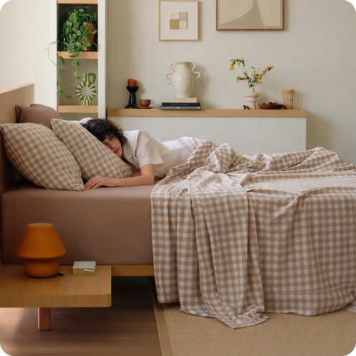 Bedsure 100% Washed Cotton Percale Queen Sheets - Breathable Gingham 6-Piece Set with 18" Deep Pockets (Brown)
