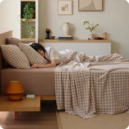 Bedsure 100% Washed Cotton Percale Queen Sheets - Breathable Gingham 6-Piece Set with 18" Deep Pockets (Brown)