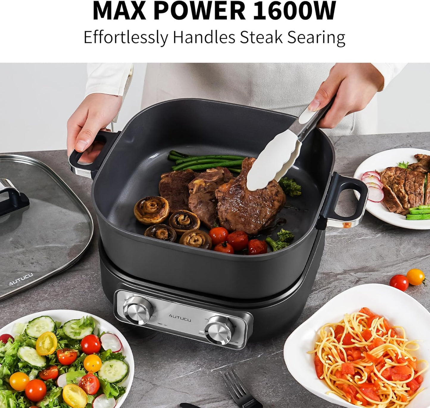 Skiennix 6-Quart Electric Skillet - Non-Stick Ceramic Coated, 1600W with Timer & 3 Power Settings