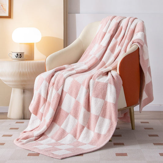 SeaRoomy Checkered Blanket, Ultra Soft Cozy Knit Throw Blanket Queen Size, Warm Fluffy Reversible Lightweight Checkerboard Knitted Blanket for All Seasons Pink Decor(Light Pink, 90"×90")