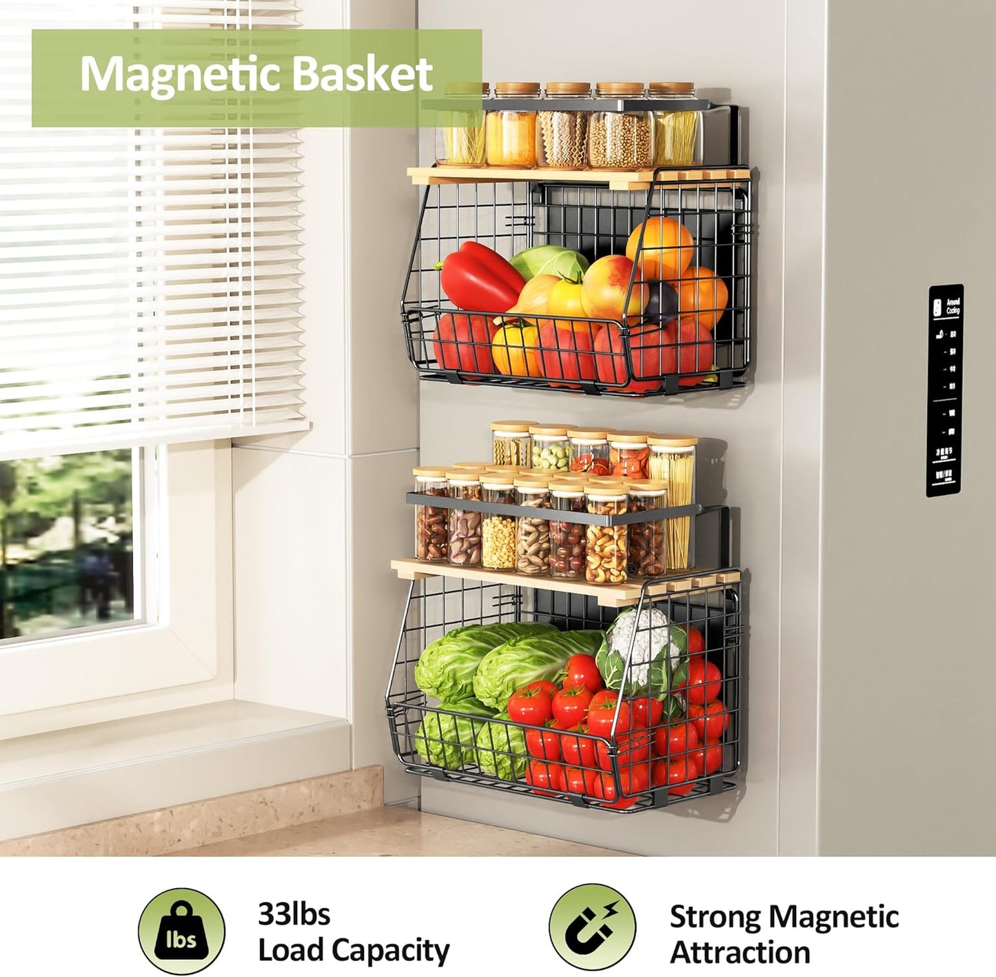 Skiennix Magnetic Shelf for Fridge - 2 Pack Fruit & Vegetable Storage Bins | Kitchen Organizer & Spice Rack