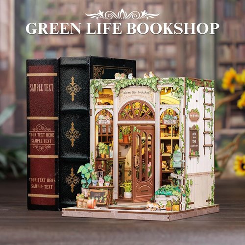 Fsolis Book Nook Kit - 3D Wooden Puzzle for Adults | DIY Miniature House, 196 Pcs, Green Life's Bookshop Design