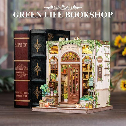 Fsolis Book Nook Kit - 3D Wooden Puzzle for Adults | DIY Miniature House, 196 Pcs, Green Life's Bookshop Design