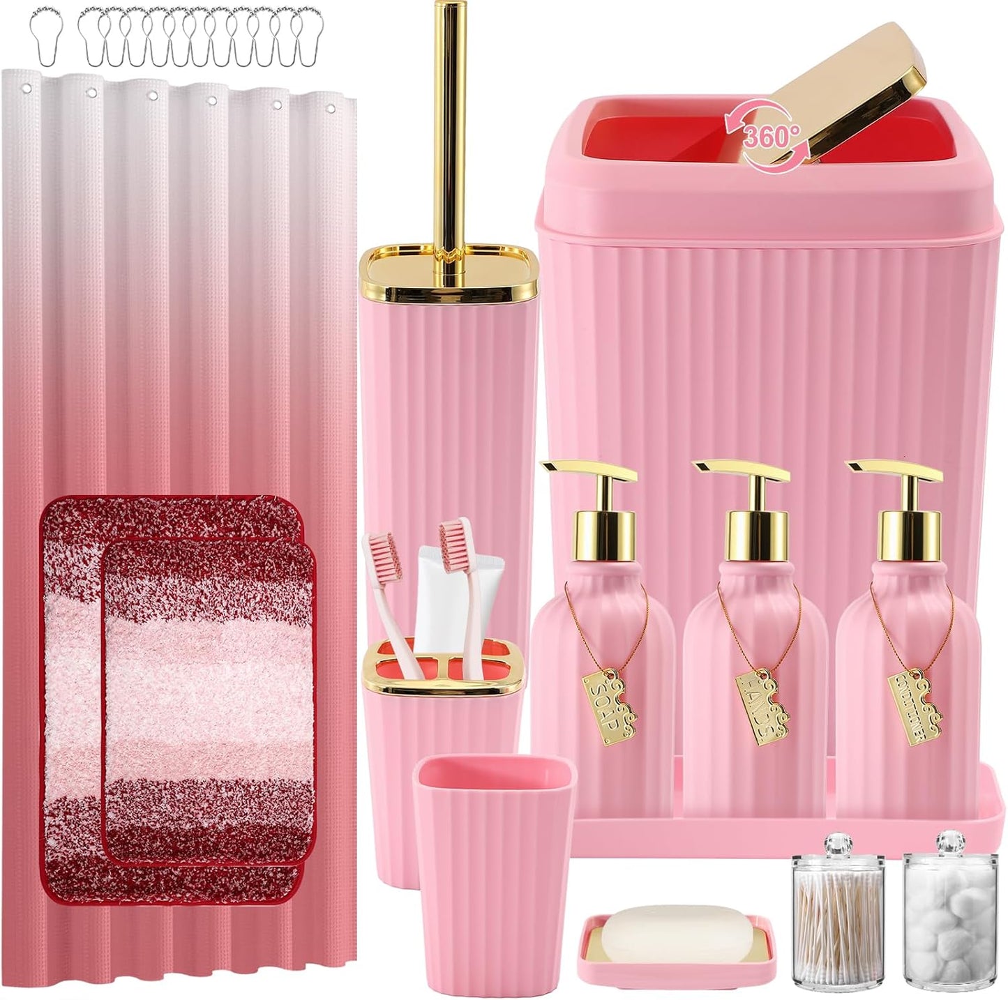 WSBArt 32PCS Bathroom Set - Stylish Pink Shower Curtain & Rug Accessories with Trash Can