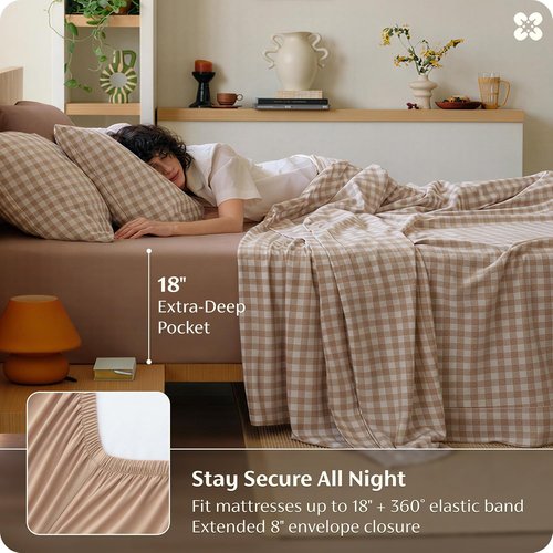 Bedsure 100% Washed Cotton Percale Queen Sheets - Breathable Gingham 6-Piece Set with 18" Deep Pockets (Brown)