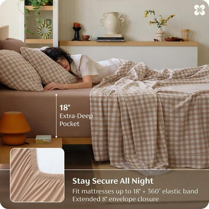 Bedsure 100% Washed Cotton Percale Queen Sheets - Breathable Gingham 6-Piece Set with 18" Deep Pockets (Brown)