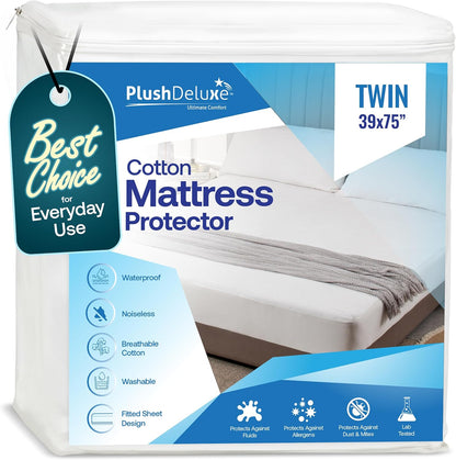PlushDeluxe Twin Cotton Mattress Protector - Waterproof Fitted Sheet Design for Noiseless Sleep - Soft & Durable