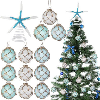 Coastal Christmas Tree Topper with 12 Glass Ornaments – Starfish & Seashell Beach Decor