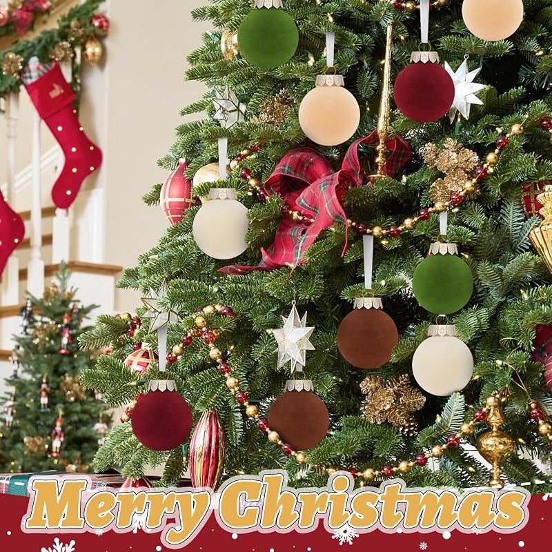 Velvet Flocked Christmas Tree Ornaments Set 25 Pcs 2.36in Multicolor Shatterproof Balls