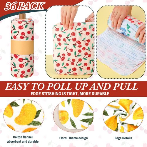 Redbaker 30 Pcs Reusable Paper Towels Rolls Towels Bulk Kitchen Washable Paperless Cloth Cotton Hand Napkins with Cardboard Reusable Napkins for Kitchen Bathroom (Fruit Design)