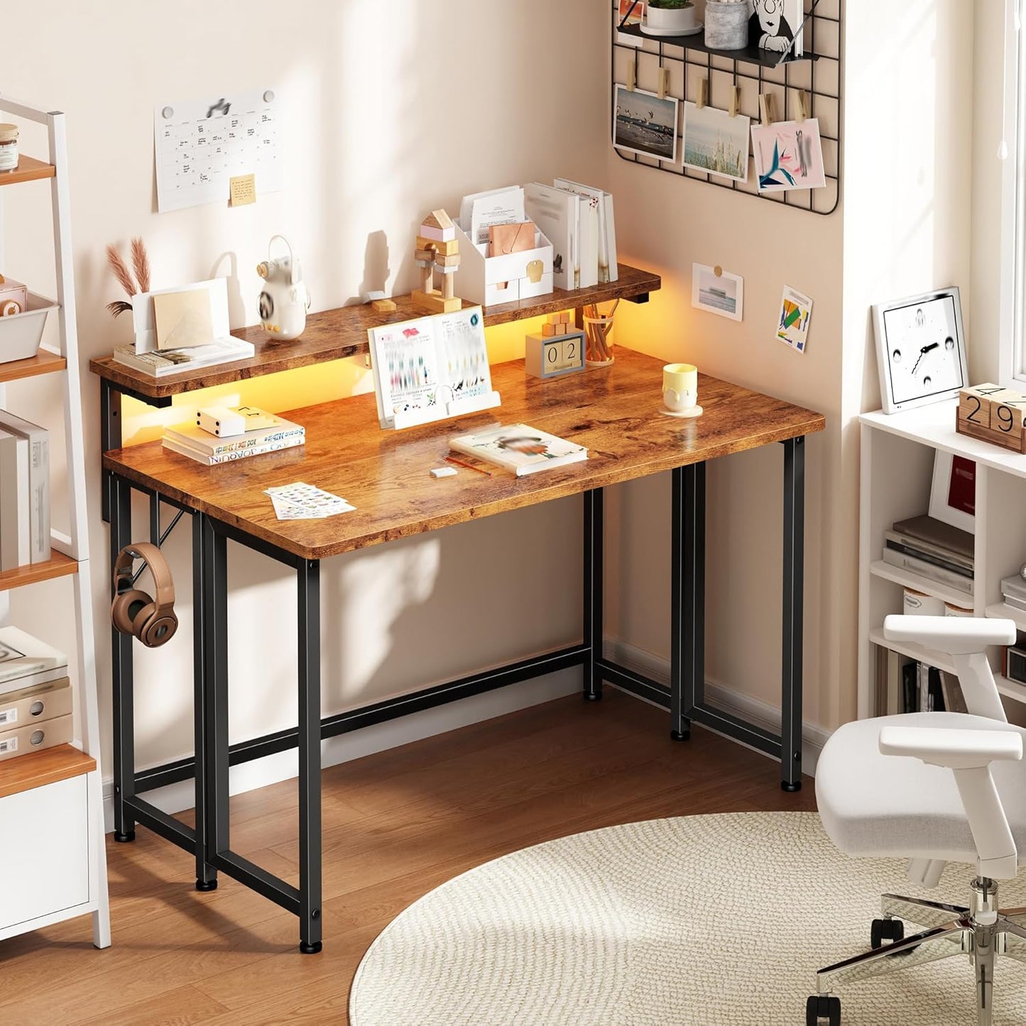 DurayLoly Folding Desk - Compact Computer Desk with Monitor Stand & LED Lights | 31.5 Inch Rustic Brown