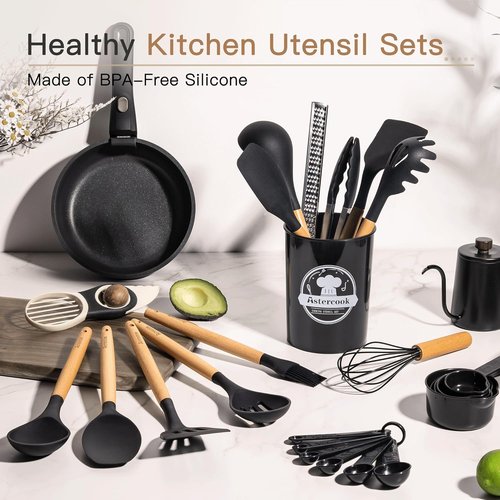 Astercook 39 PCS Kitchen Utensils Set - Heat Resistant Silicone Cooking Tools with Wooden Handles | BPA-Free & Nonstick Safe