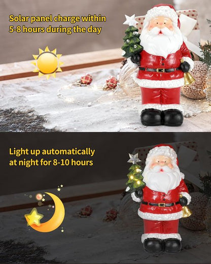 iStatue Santa Claus Decorations - 9.5” Hand-Painted Solar-Powered Resin Statue for Outdoor Patio Decor