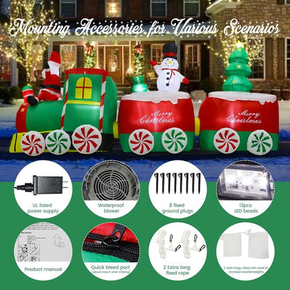 Aixuler 11 ft Christmas Inflatable Train Decoration with Santa - Red & Green LED Lights