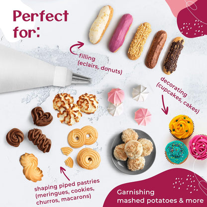 Skiennix Premium Reusable Piping Bags Set - 16" Cotton Pastry Bag with 8 Large Icing Tips - Dishwasher Safe