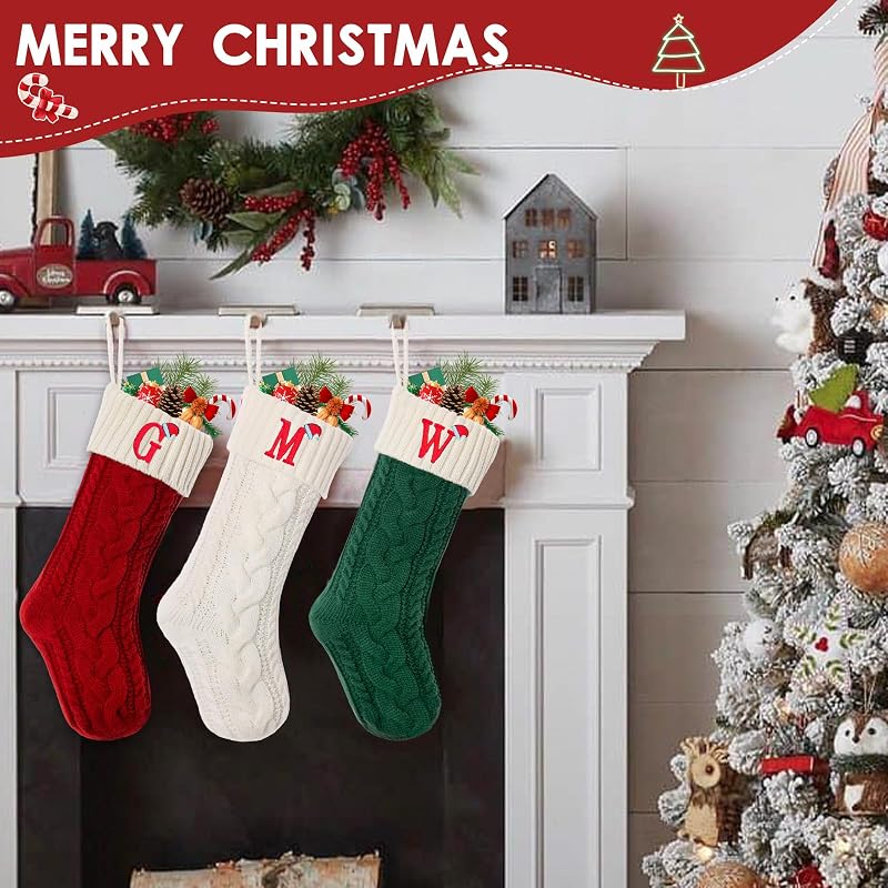 Personalized 18 Inch Knitted Christmas Stocking with Initials N – White & Green, Embroidered Monogram
