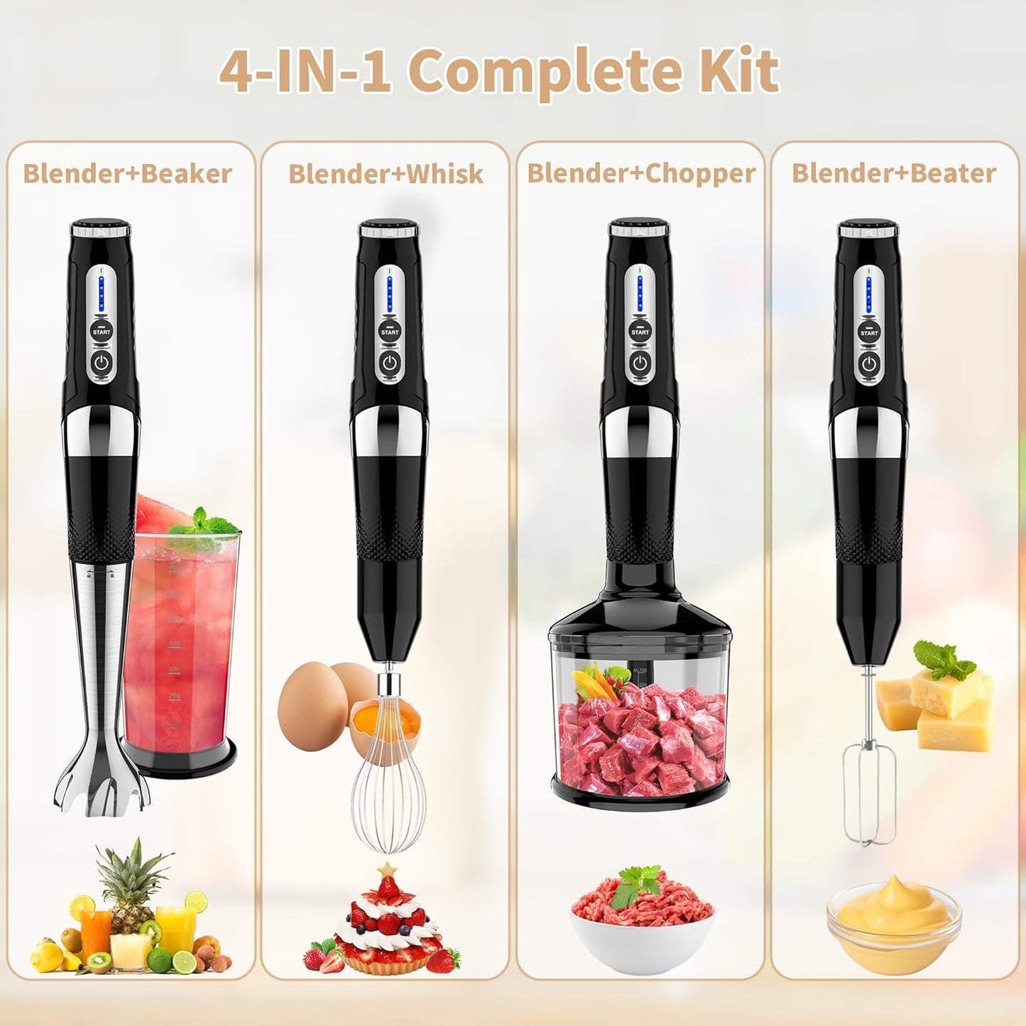 Toogel Cordless Immersion Blender - 4-in-1 Electric Hand Blender with 21-Speed & USB Rechargeable | BPA-Free, Dishwasher Safe (Black)