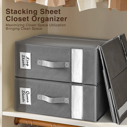 Homsorout Bed Sheet Organizers - Foldable Linen Storage with Window & Labels | XL Grey 6-Pack